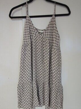 Bécool Tiered Babydoll Cami Dress Cream Leaf Print Size L